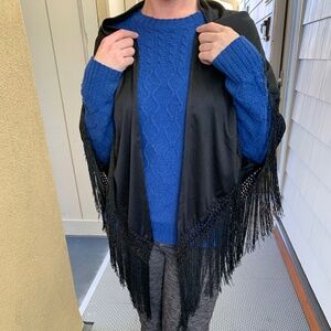 Vintage Spanish Black Embroidered Triangle Scarf with Fringe